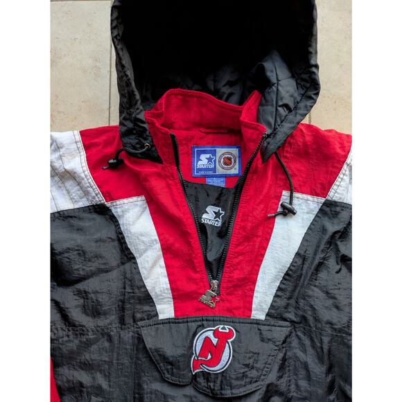 New Jersey Devils 90s STARTER Color Block puffer 1/2 jacket yth L blk NHL vtg - Picture 1 of 6